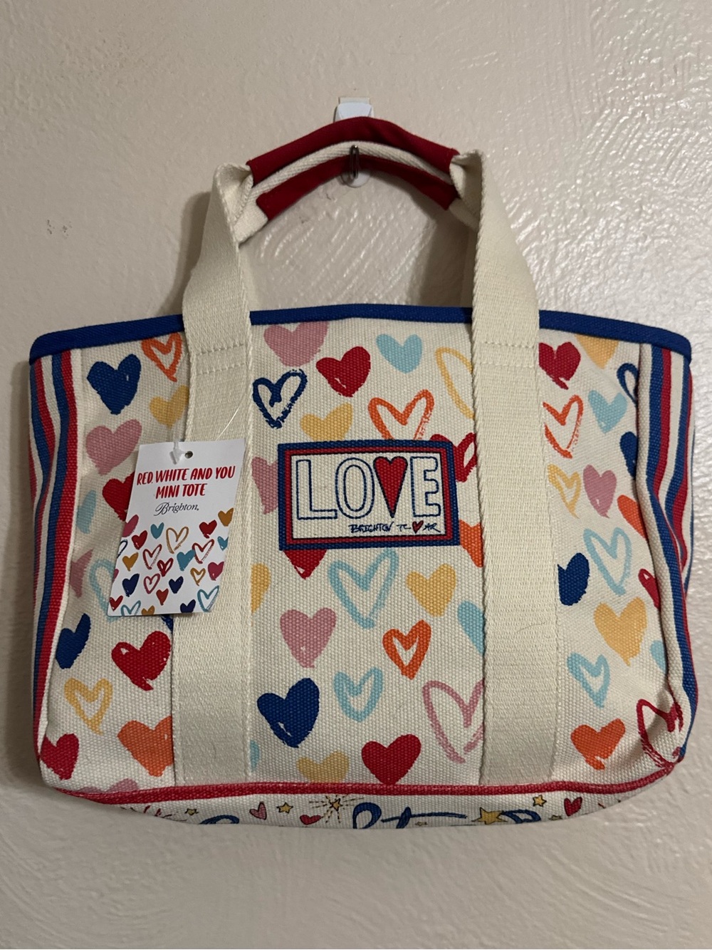Brighton Heart-Print Canvas Mini Tote - Cream with Multicolor Hearts